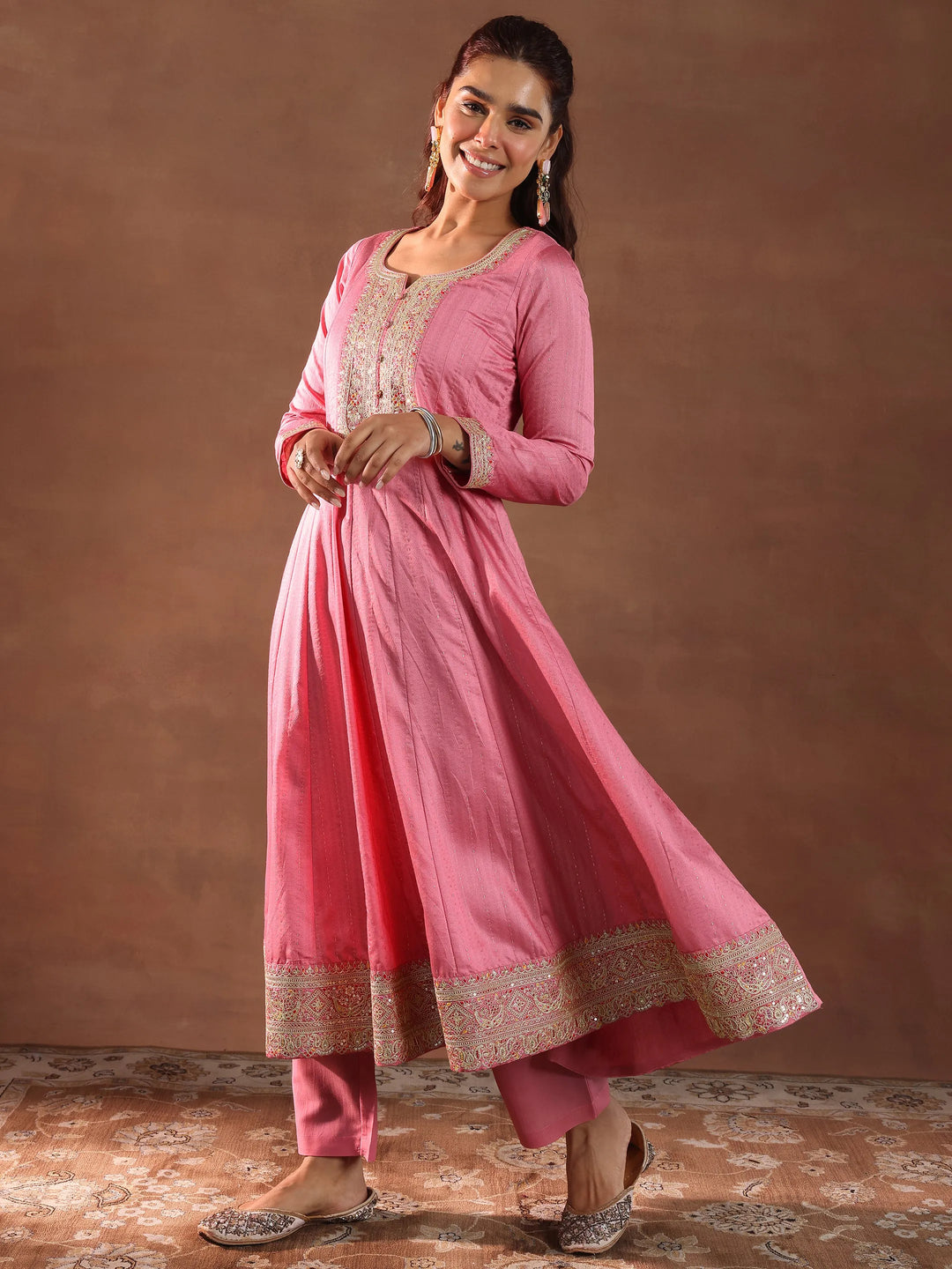  Pink Woven Design Silk Blend Anarkali Suit With Dupatta 