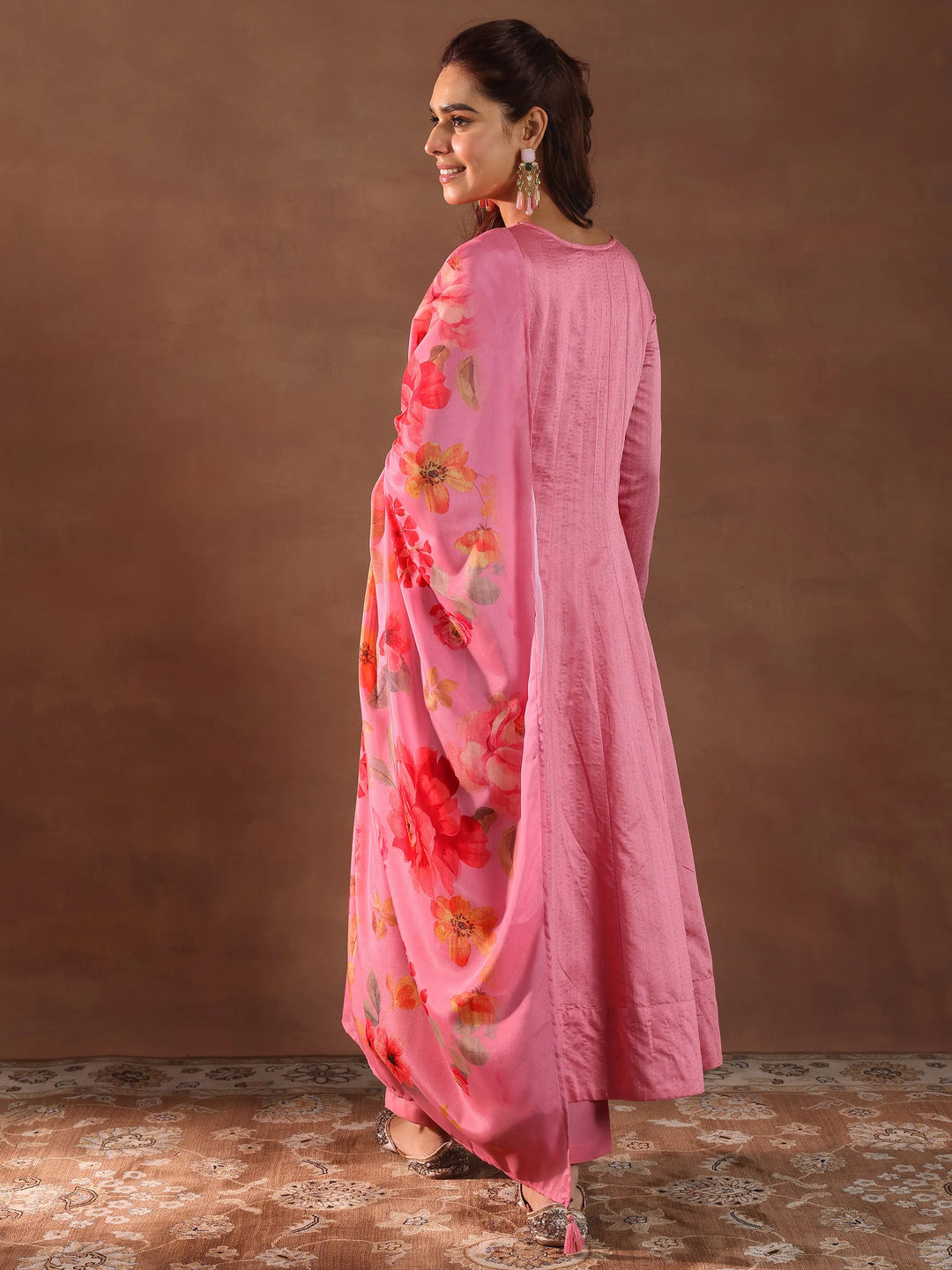  Pink Woven Design Silk Blend Anarkali Suit With Dupatta 