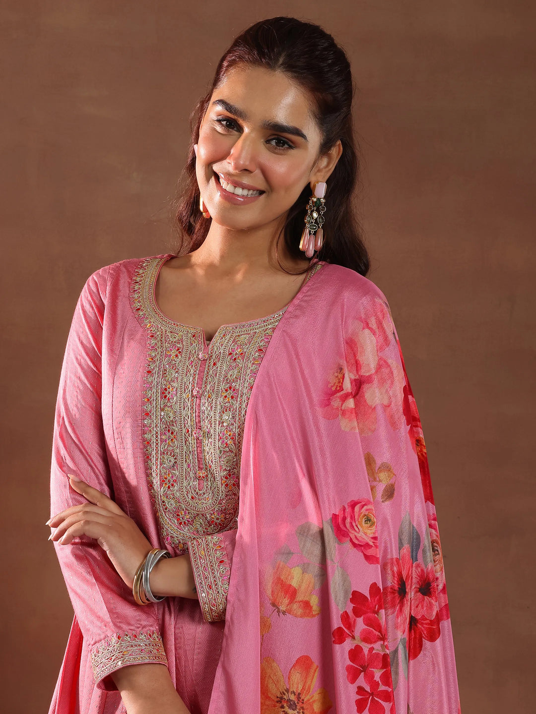  Pink Woven Design Silk Blend Anarkali Suit With Dupatta 