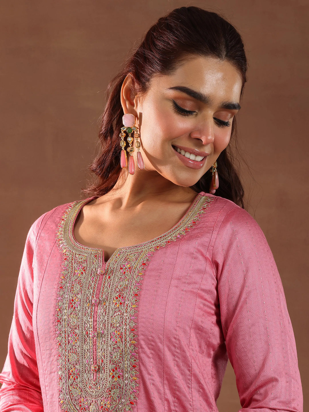  Pink Woven Design Silk Blend Anarkali Suit With Dupatta 