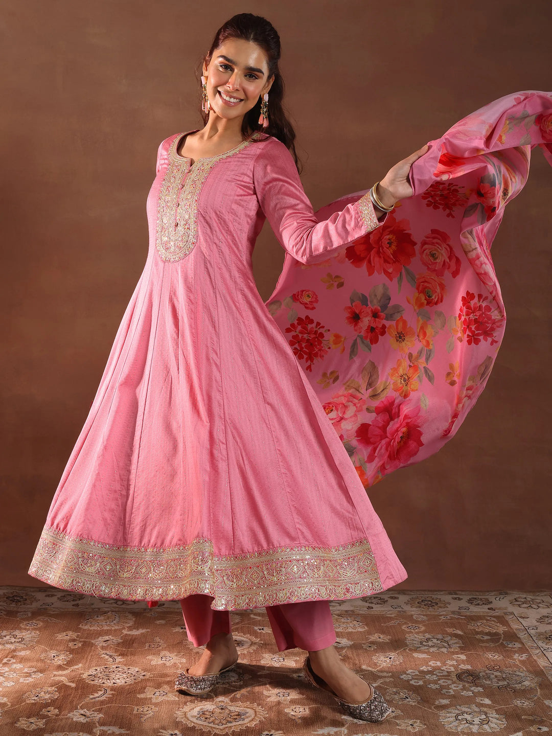 Pink Woven Design Silk Blend Anarkali Suit With Dupatta