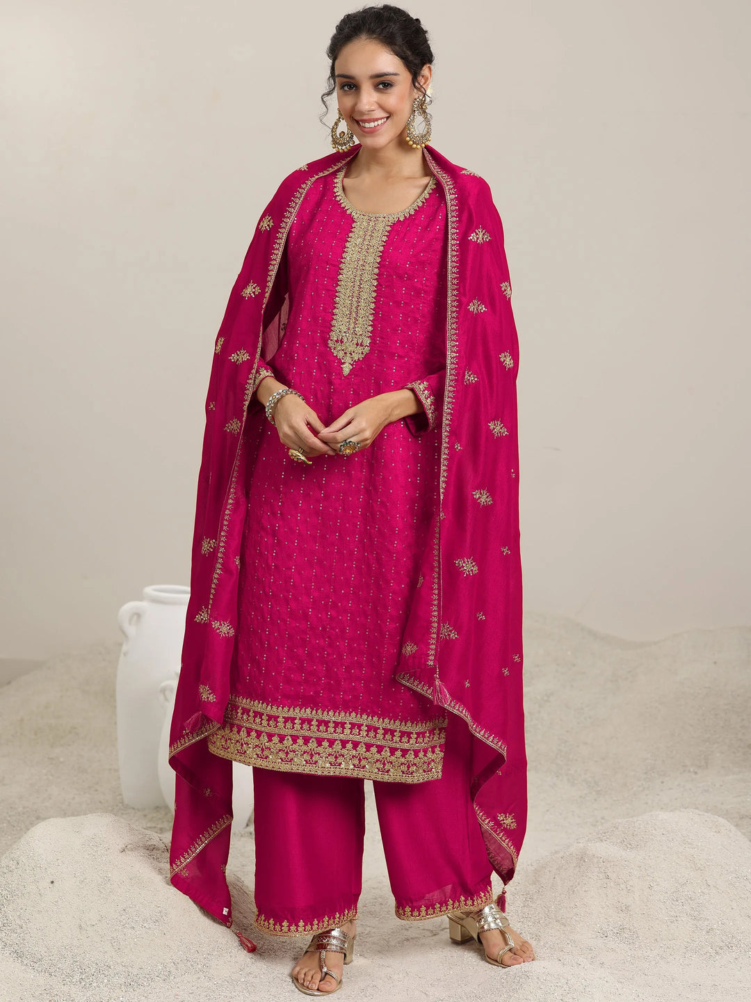  Pink Embellished Silk Blend Straight Kurta With Palazzos & Dupatta 