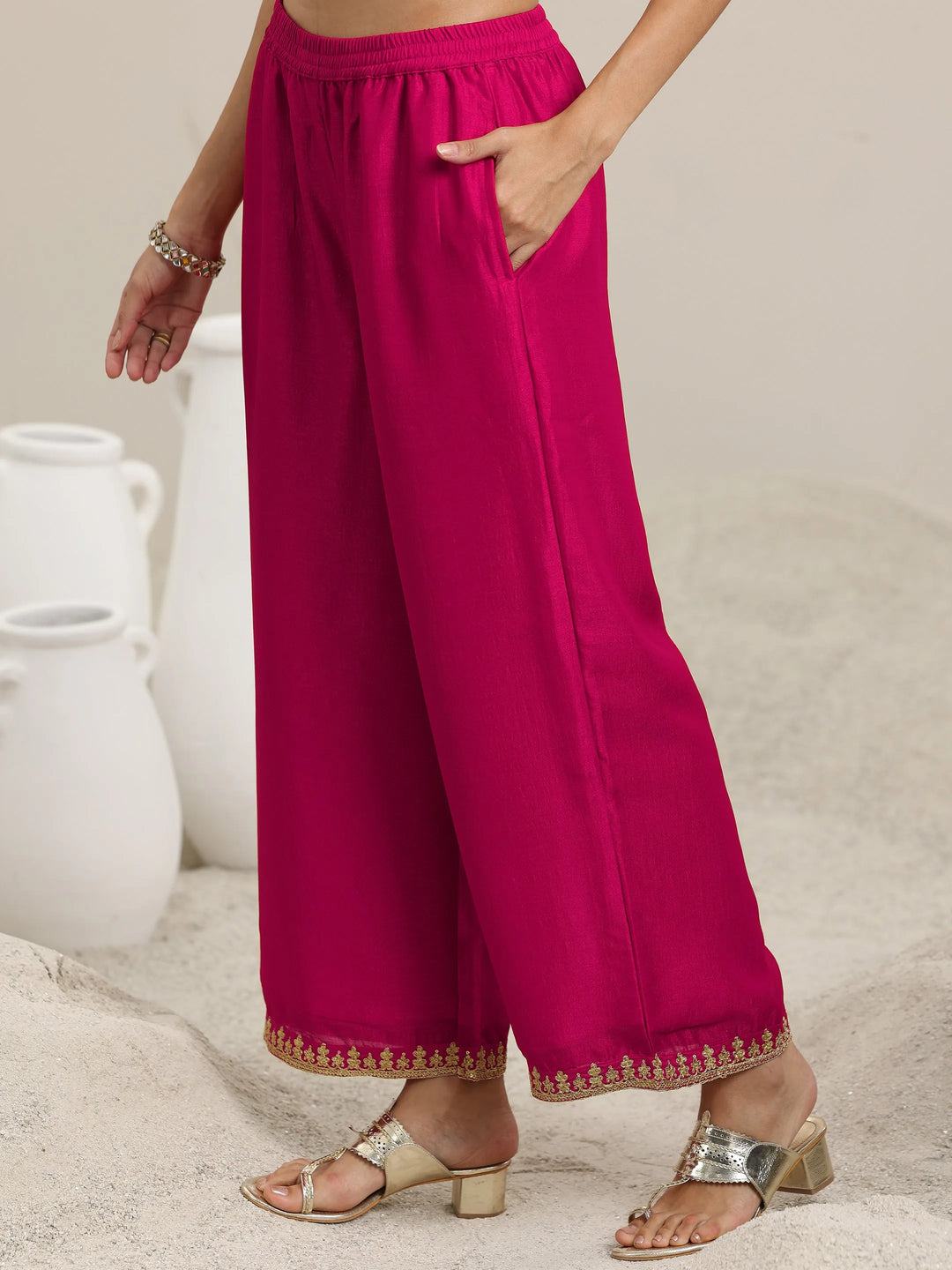  Pink Embellished Silk Blend Straight Kurta With Palazzos & Dupatta 