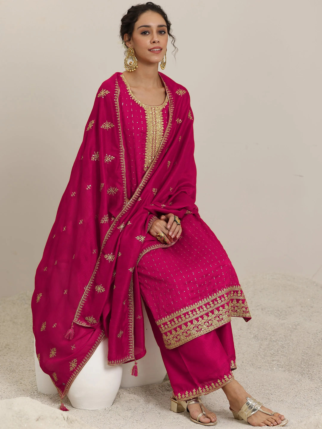 Pink Embellished Silk Blend Straight Kurta With Palazzos & Dupatta