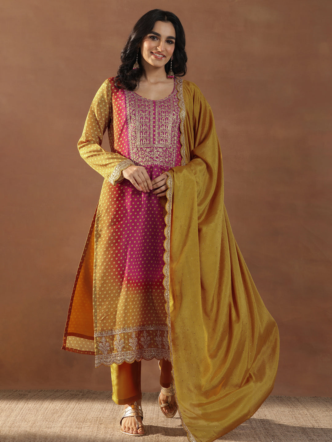  Mustard Printed Silk Blend Straight Suit Set With Dupatta 