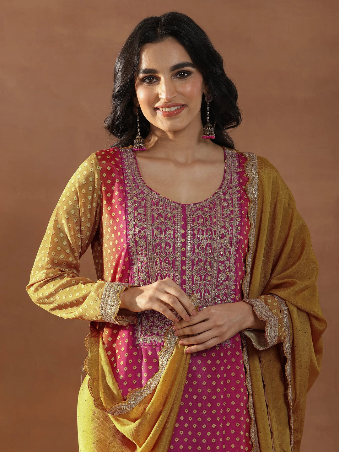  Pink Embroidered Silk Blend Straight Suits With Dupatta 