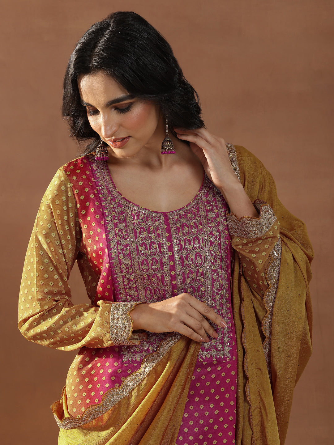  Mustard Printed Silk Blend Straight Suit Set With Dupatta 