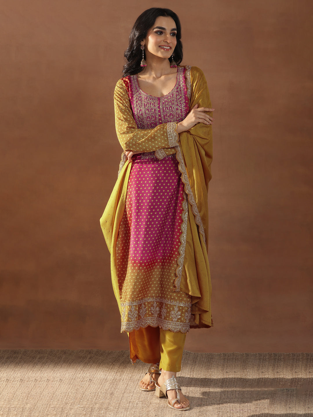  Mustard Printed Silk Blend Straight Suit Set With Dupatta 