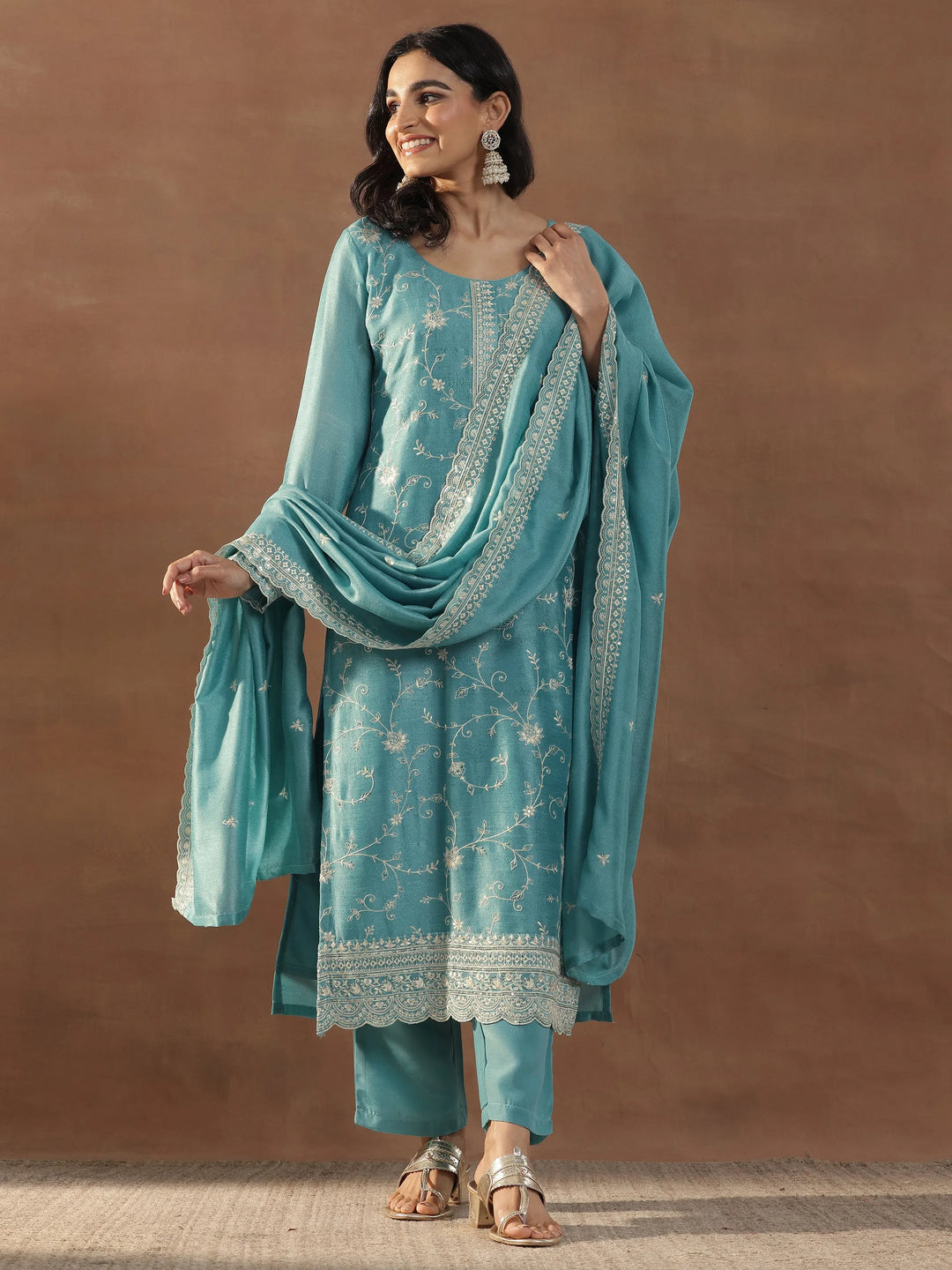  Blue Embroidered Silk Blend Straight Suits With Dupatta 