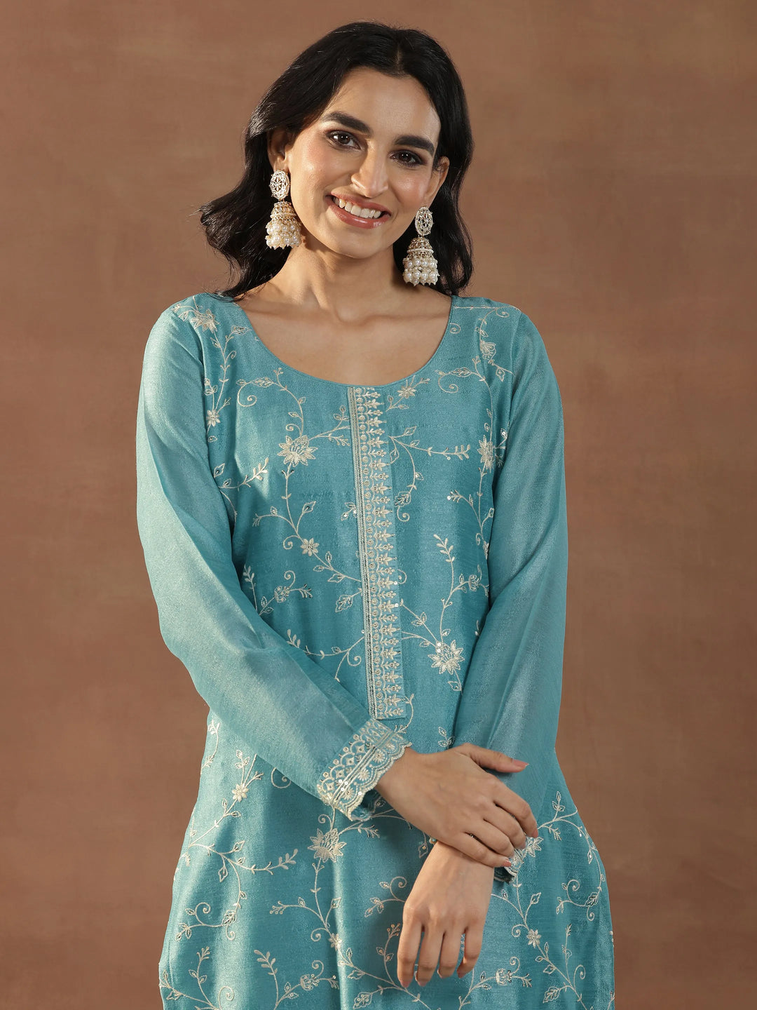  Blue Embroidered Silk Blend Straight Suits With Dupatta 