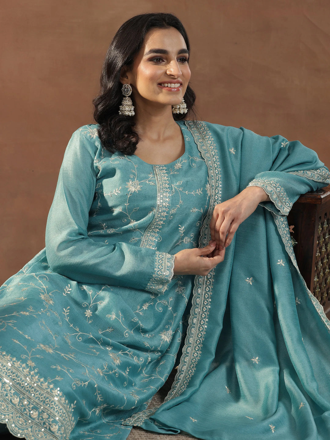  Blue Embroidered Silk Blend Straight Suits With Dupatta 