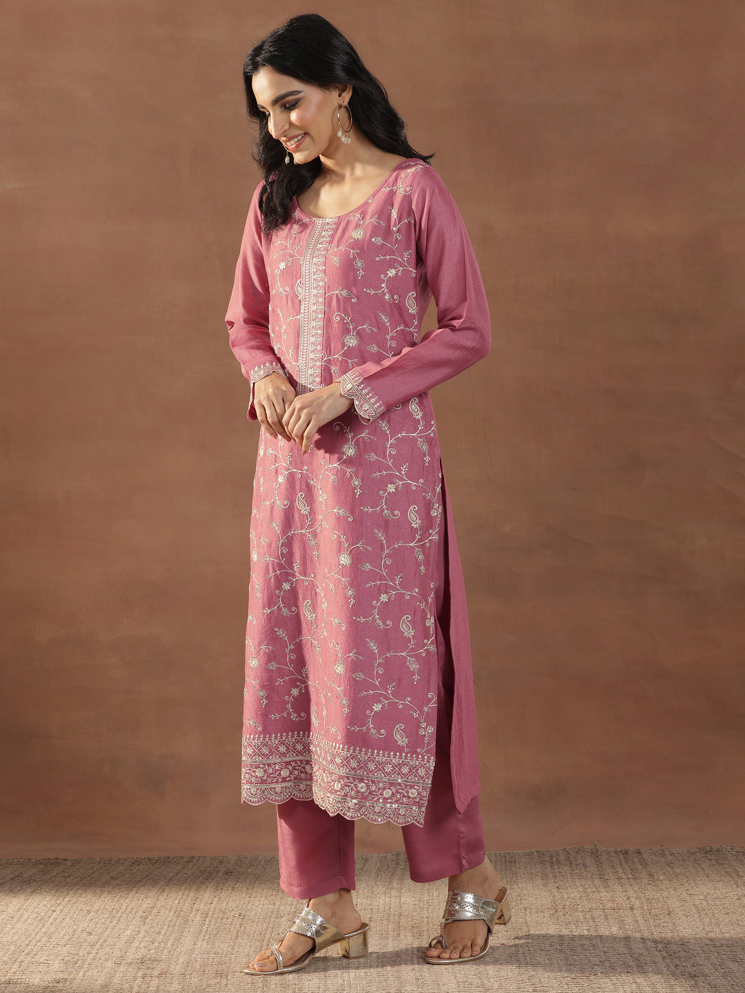  Pink Embroidered Silk Blend Straight Suits With Dupatta 