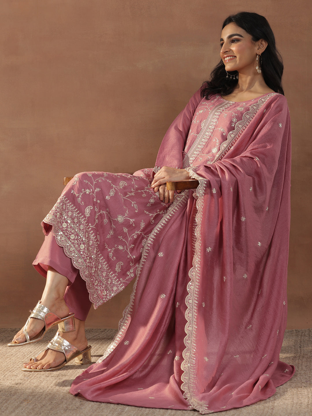 Pink Embroidered Silk Blend Straight Suits With Dupatta