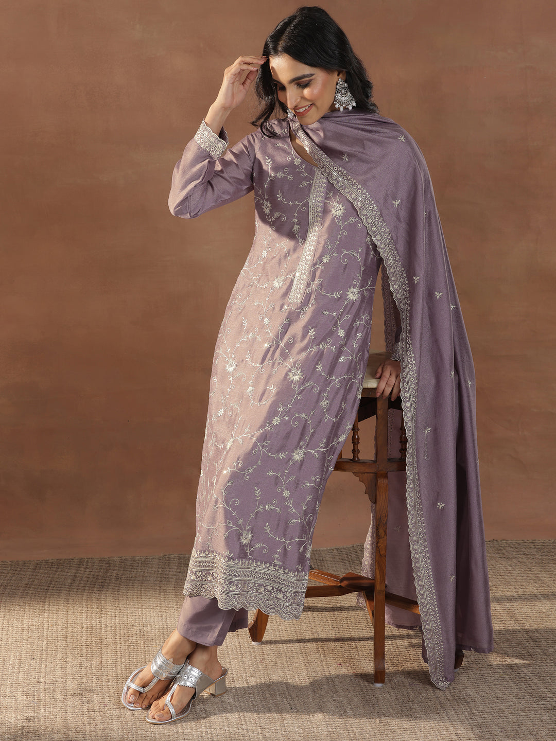 Mauve Embroidered Silk Blend Straight Suit Set With Dupatta