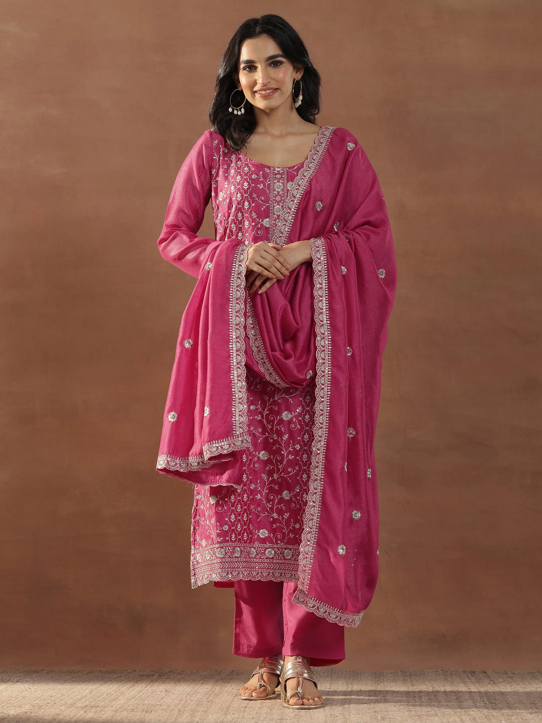  Pink Embroidered Silk Blend Straight Suits With Dupatta 