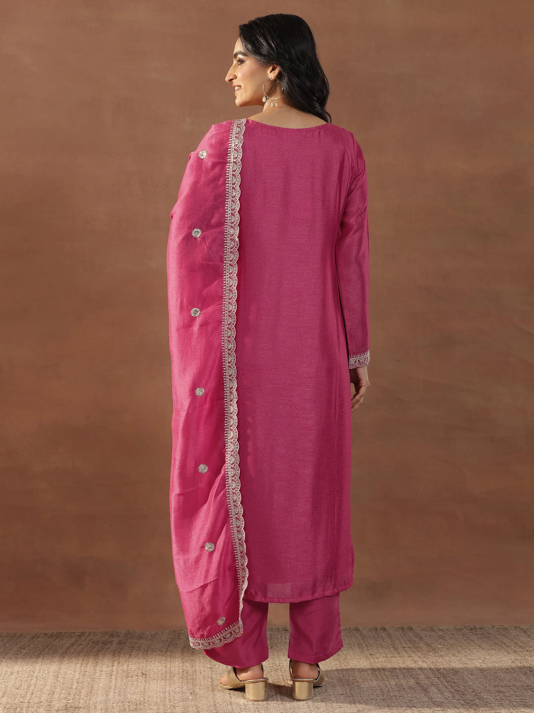  Pink Embroidered Silk Blend Straight Suits With Dupatta 