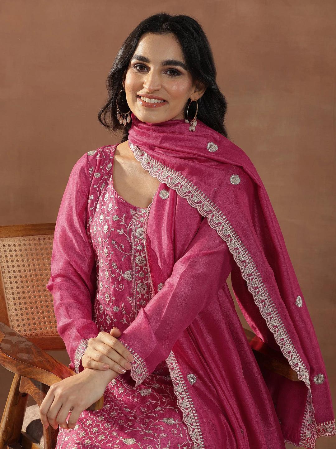 Pink Embroidered Silk Blend Straight Suits With Dupatta