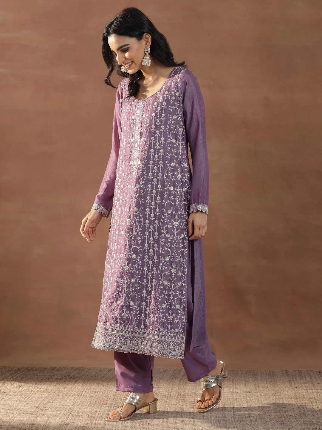  Purple Embroidered Silk Blend Straight Suits With Dupatta 