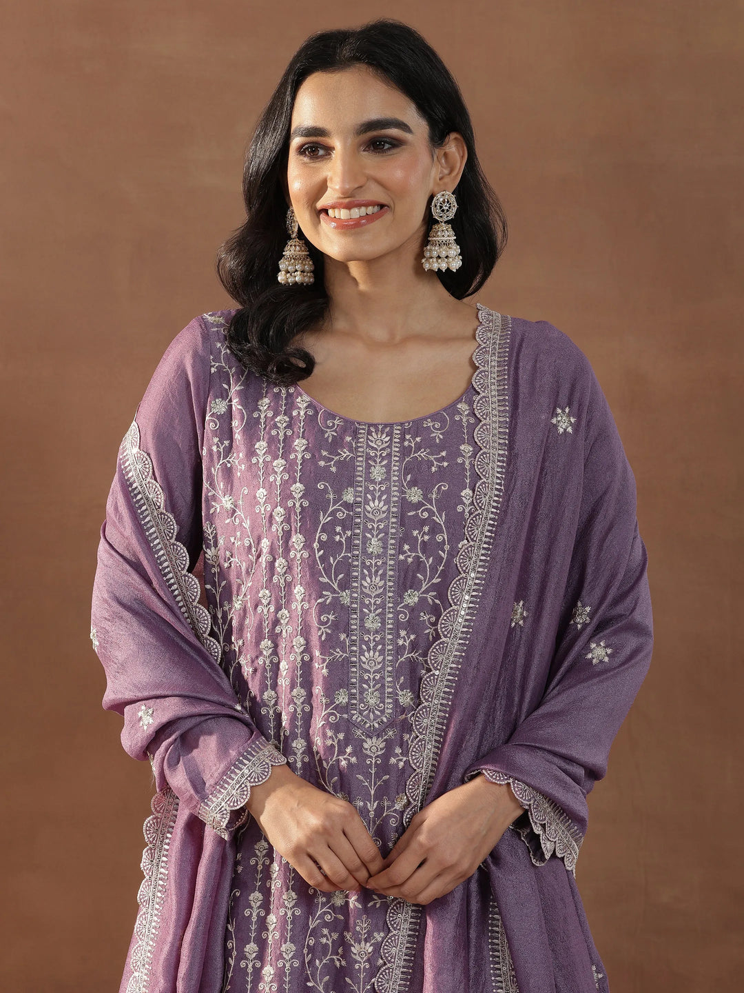  Purple Embroidered Silk Blend Straight Suits With Dupatta 