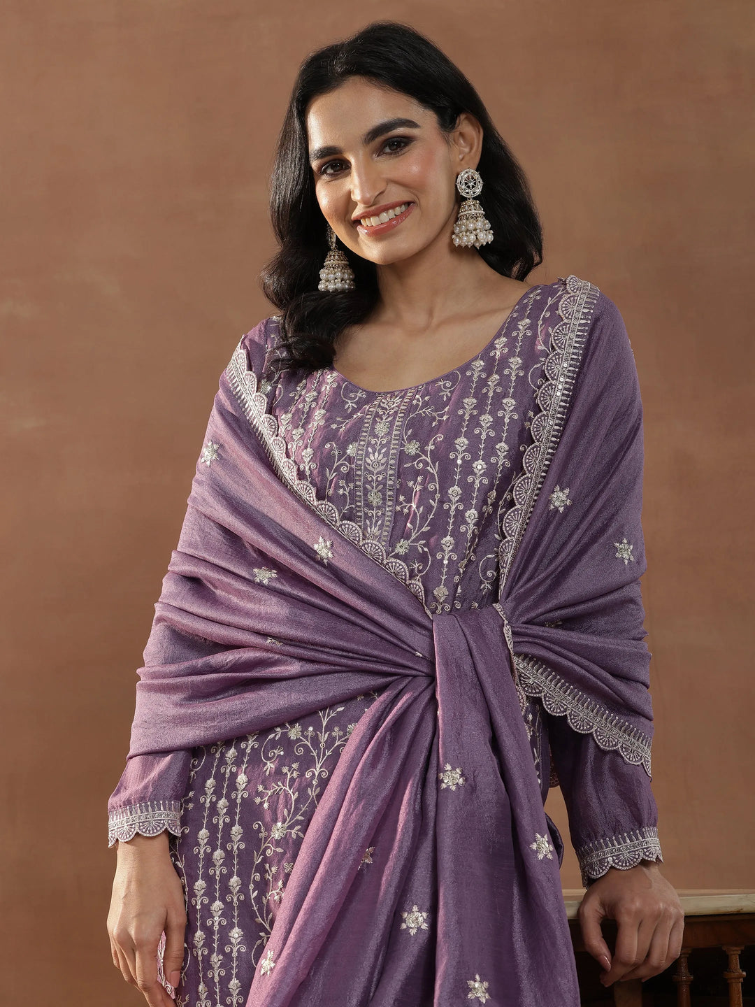 Purple Embroidered Silk Blend Straight Suits With Dupatta