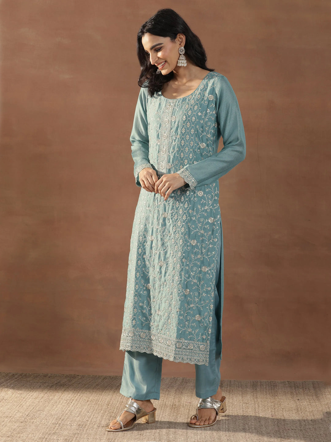  Blue Embroidered Silk Blend Straight Suits With Dupatta 