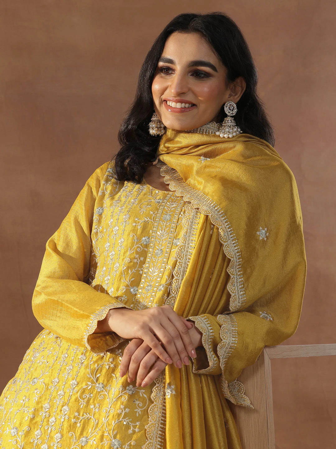 Mustard Embroidered Silk Blend Straight Suits With Dupatta