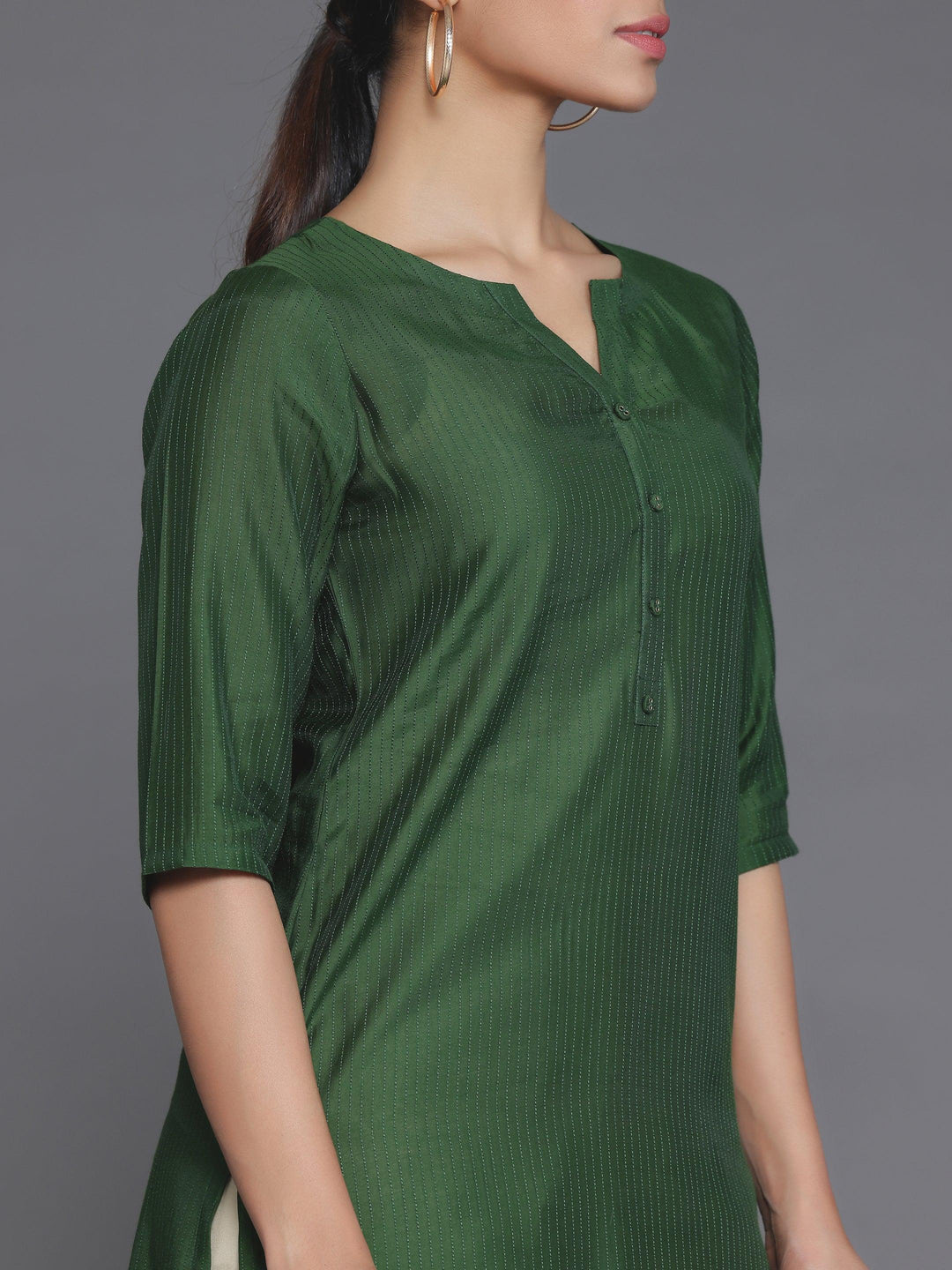 Green Woven Design Silk Straight Kurta - Libas 