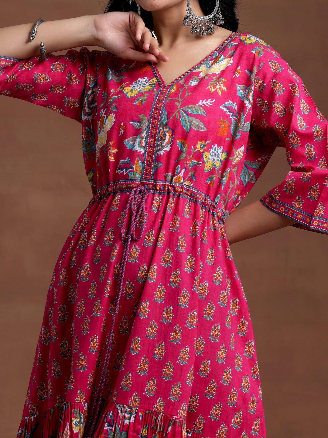 Pink Printed Cotton Fit and Flare Dress - Libas