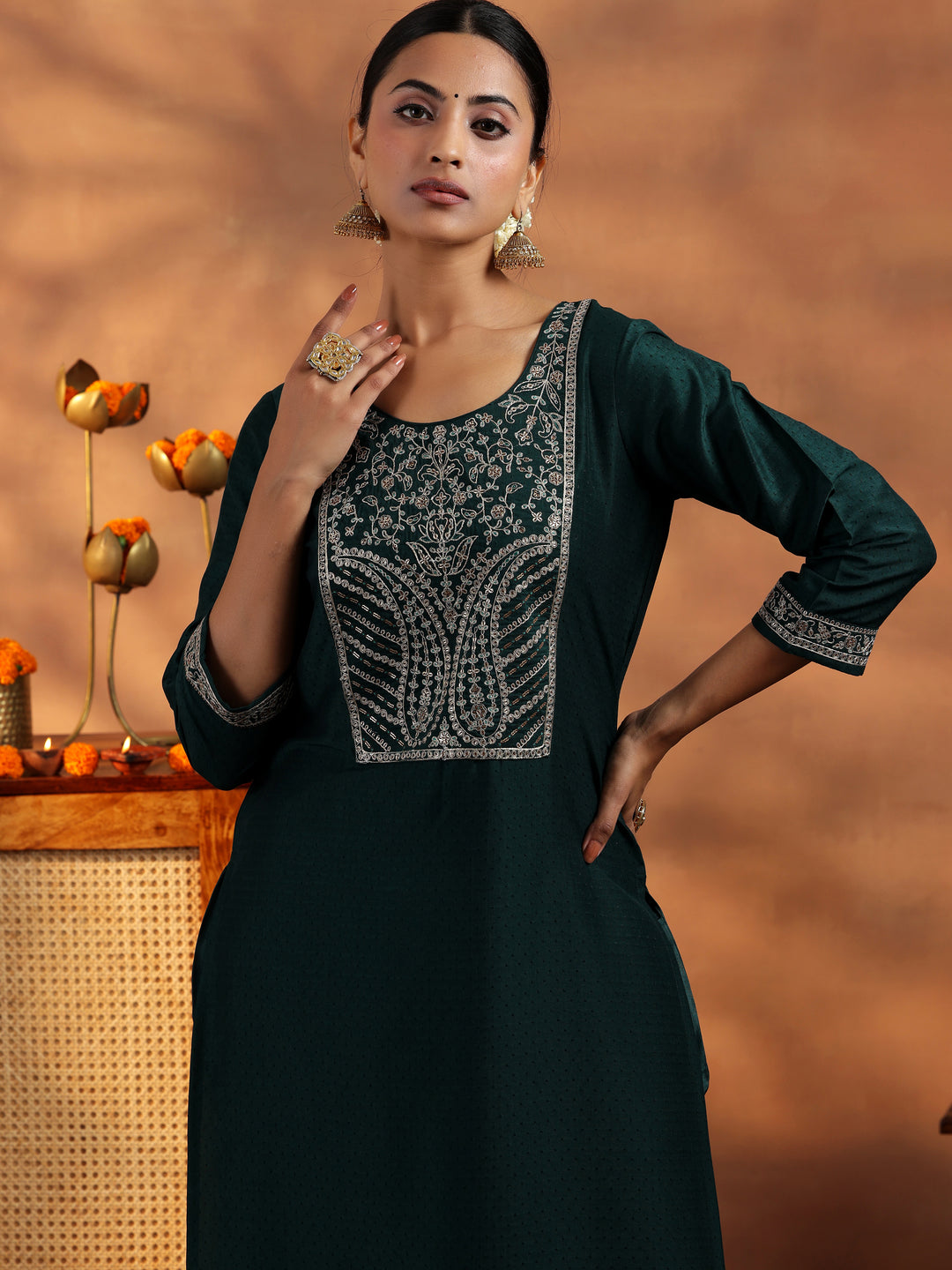  Green Embroidered Silk Blend A-Line Kurta With Trousers & Dupatta 