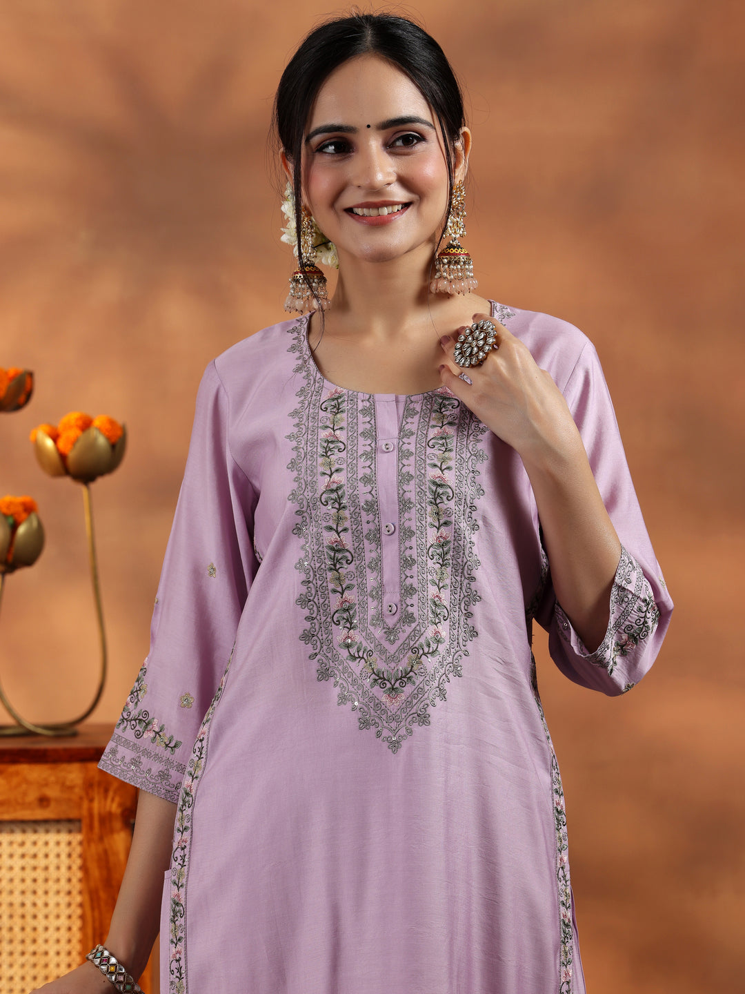  Lavender Embroidered Silk Blend Straight Suit With Dupatta 