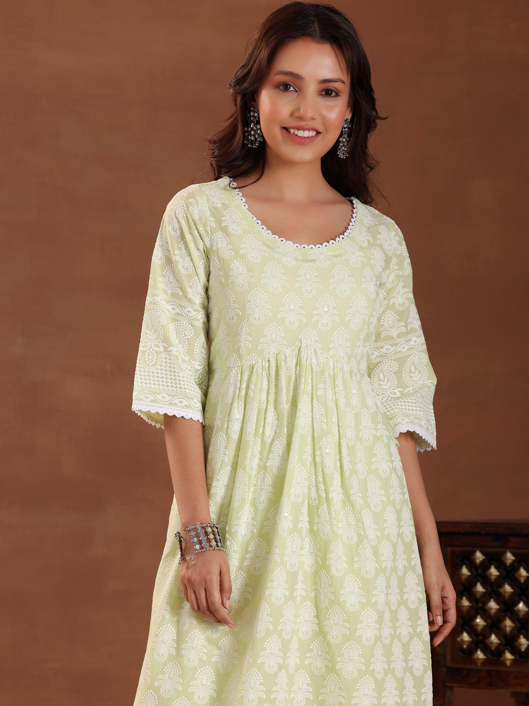 Green Embroidered Pure Cotton A-Line Kurta With Sharara & Dupatta - Libas 