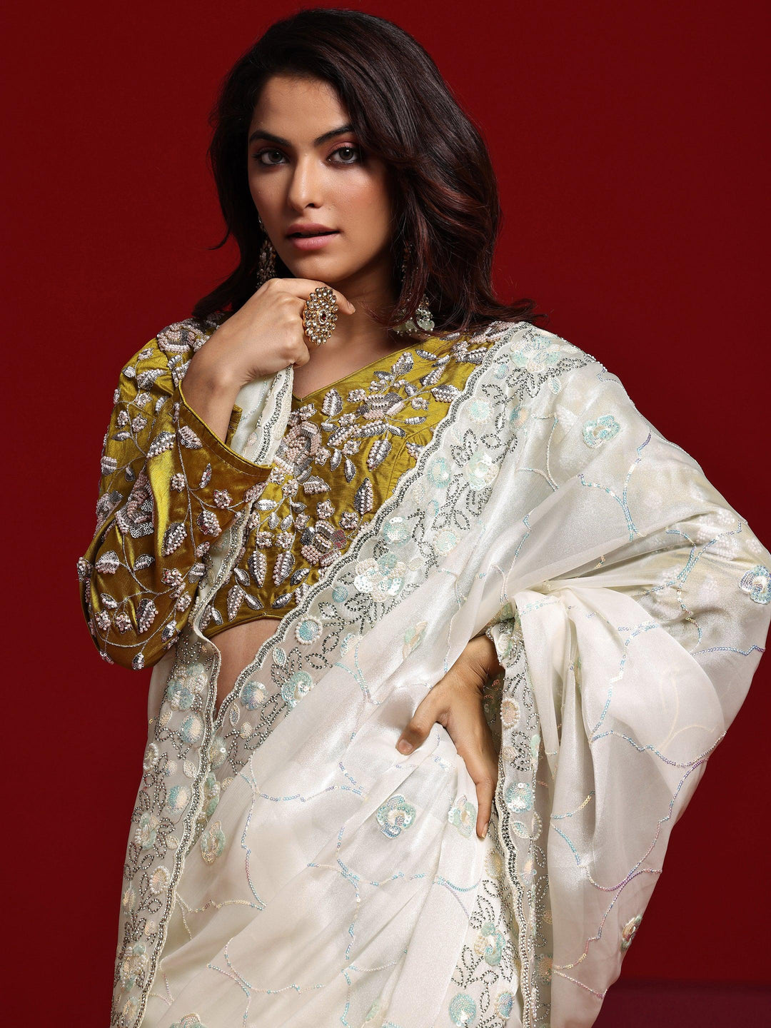 Libas Art Off White Embellished Tissue Saree With Unstitched Blouse Piece - Libas