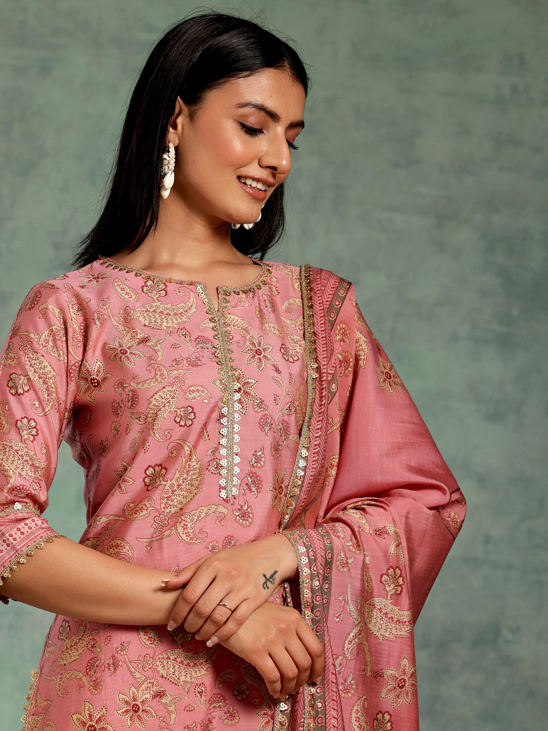 Pink Printed Silk Blend Straight Suit With Dupatta - Libas 