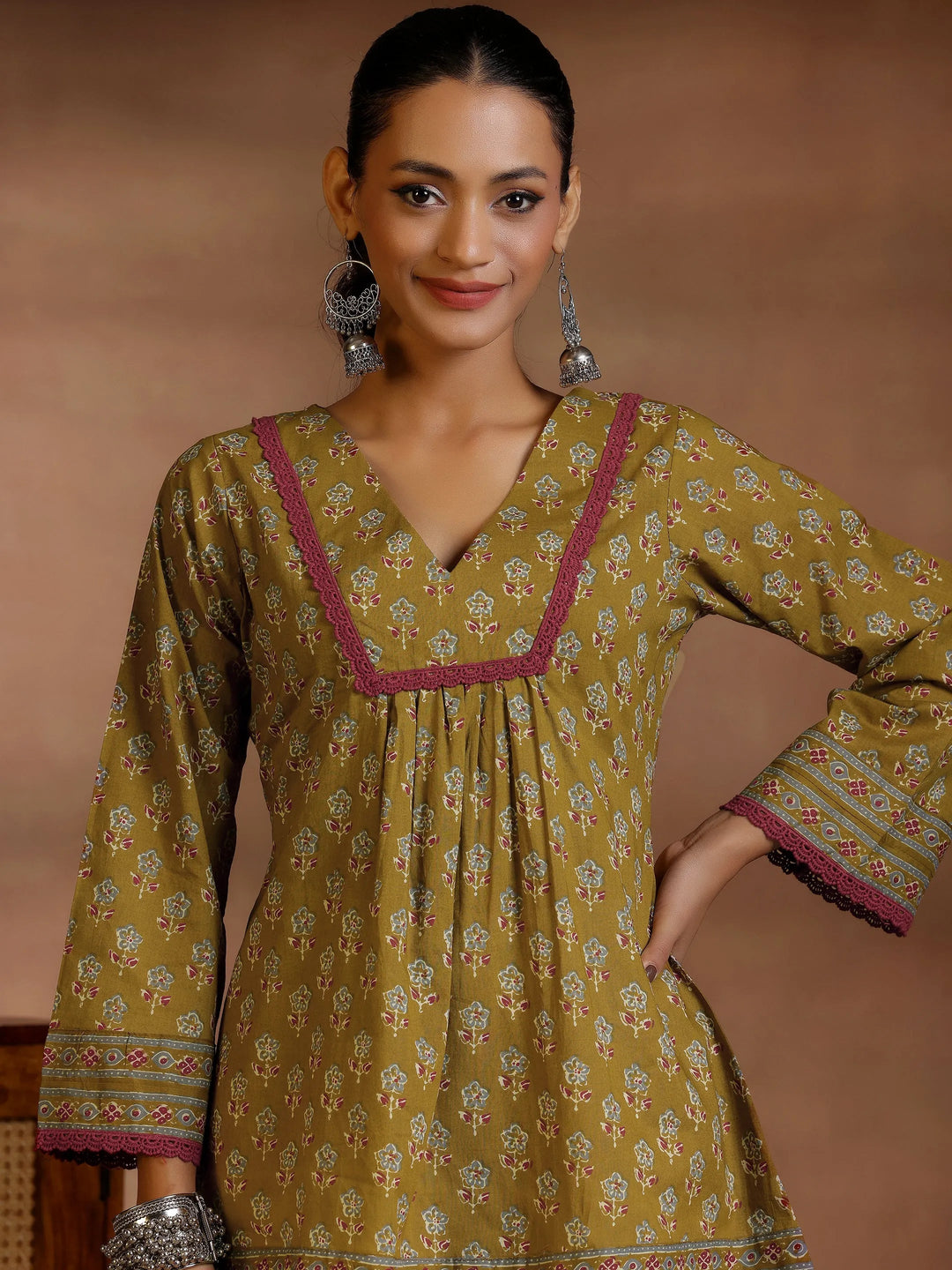  Olive Printed Cotton A-Line Kurti 