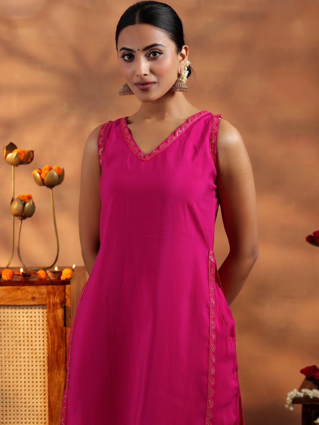 Pink Solid Silk Blend Straight Suit With Dupatta - Libas