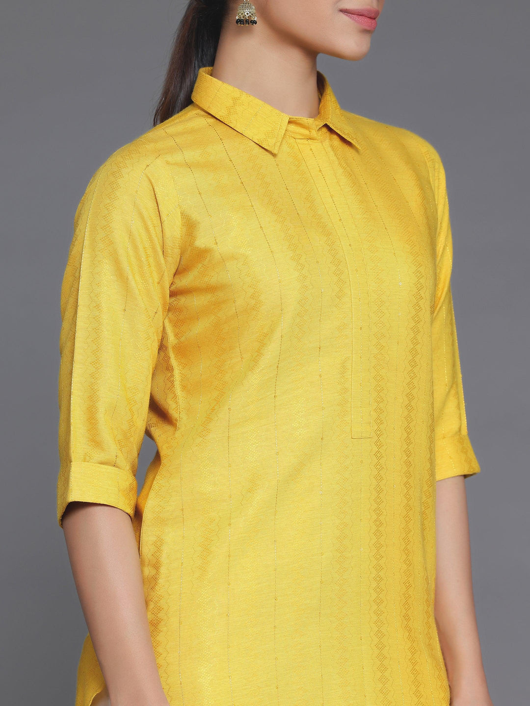 Yellow Woven Design Cotton Straight Kurta - Libas 