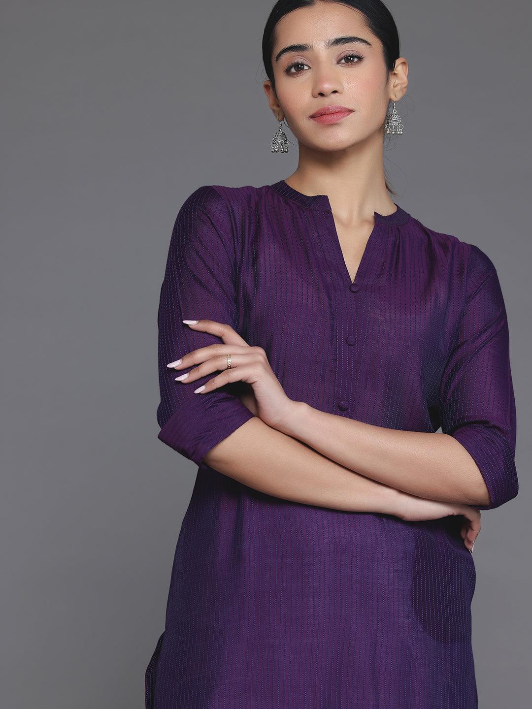 Purple Woven Design Silk Straight Kurta - Libas 