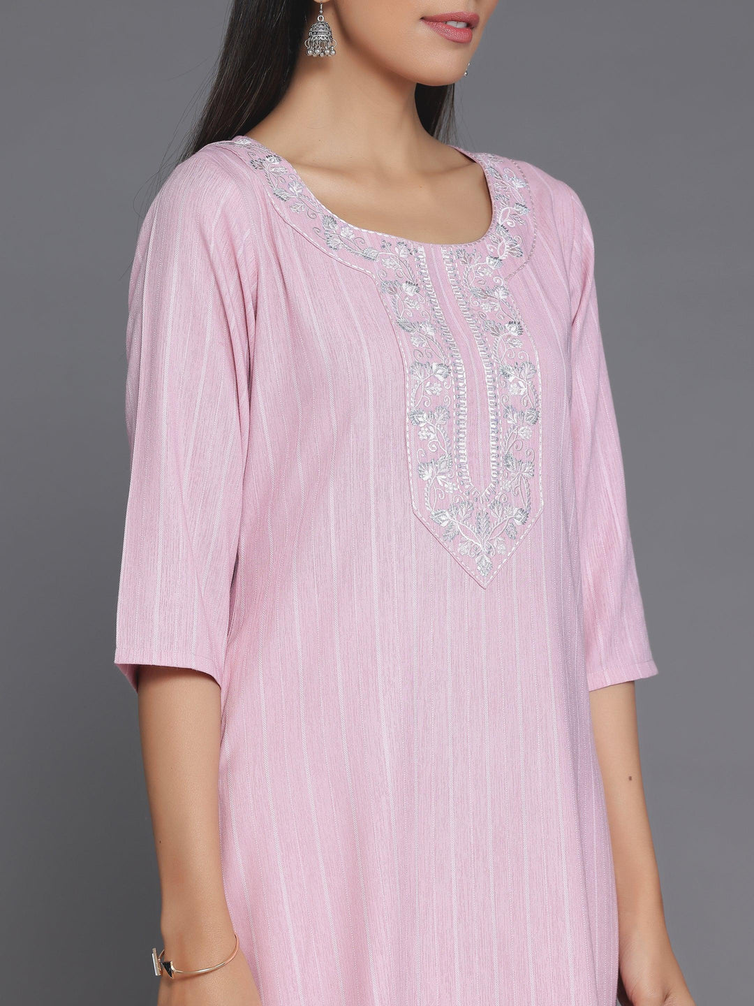 Pink Woven Design Rayon Straight Kurta - Libas 