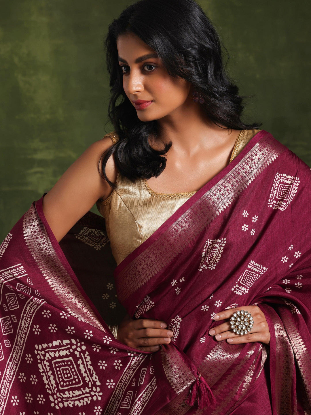 Wine Printed Silk Blend Saree With Unstitched Blouse Piece - Libas