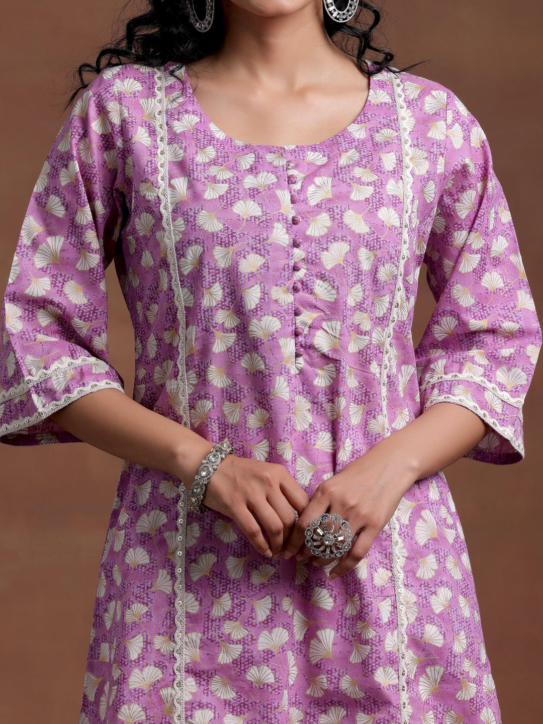 Purple Printed Cotton A-Line Kurta - Libas 