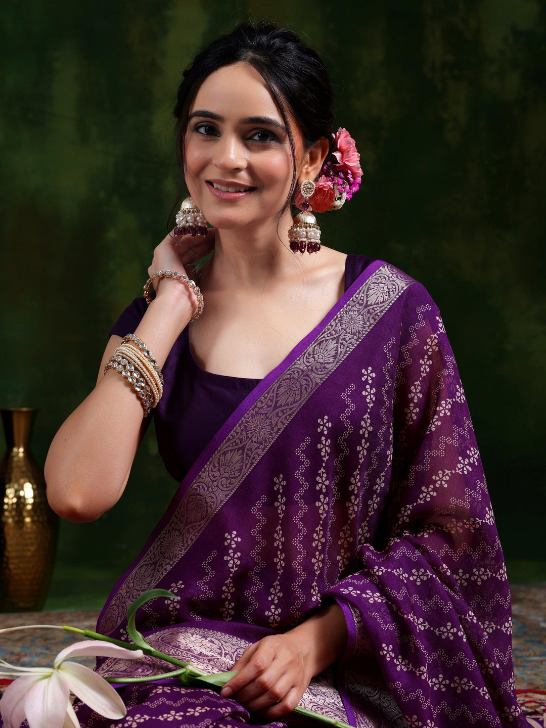 Wine Printed Silk Blend Saree With Unstitched Blouse Piece - Libas