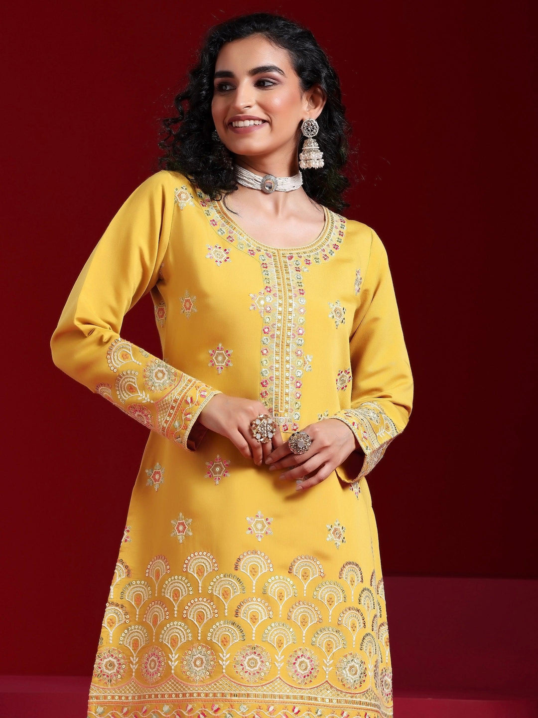 Libas Art Yellow Embroidered Silk Blend Straight Suit With Dupatta - Libas 