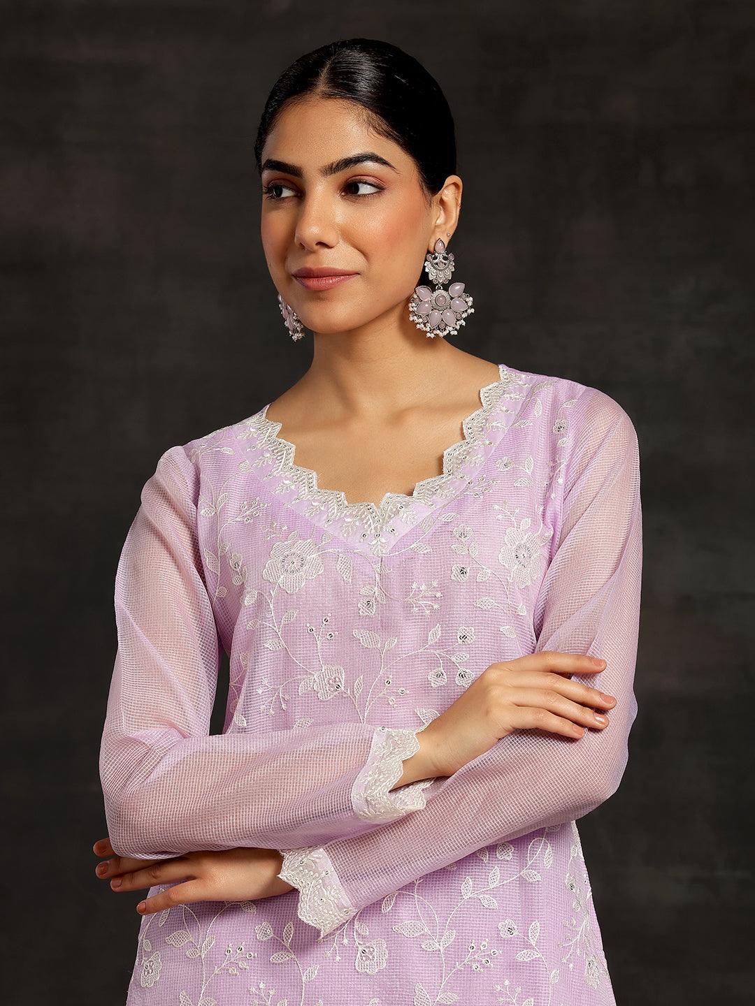 Lavender Embroidered Cotton Straight Suit With Dupatta - Libas 