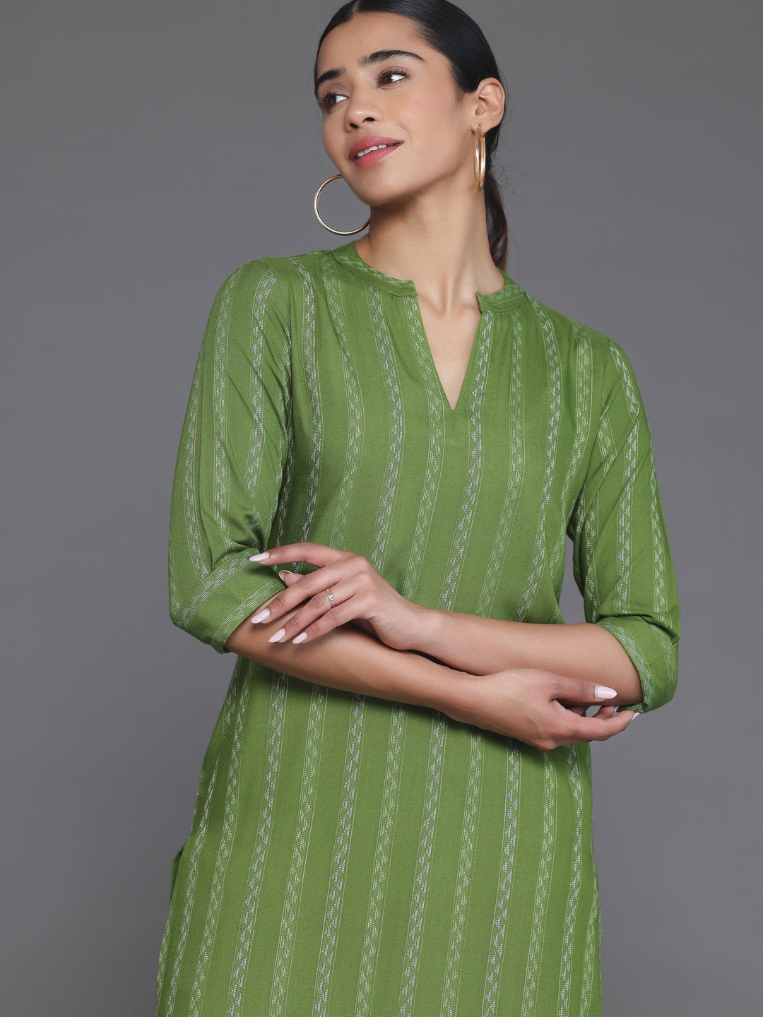 Green Striped Rayon Straight Kurta - Libas 