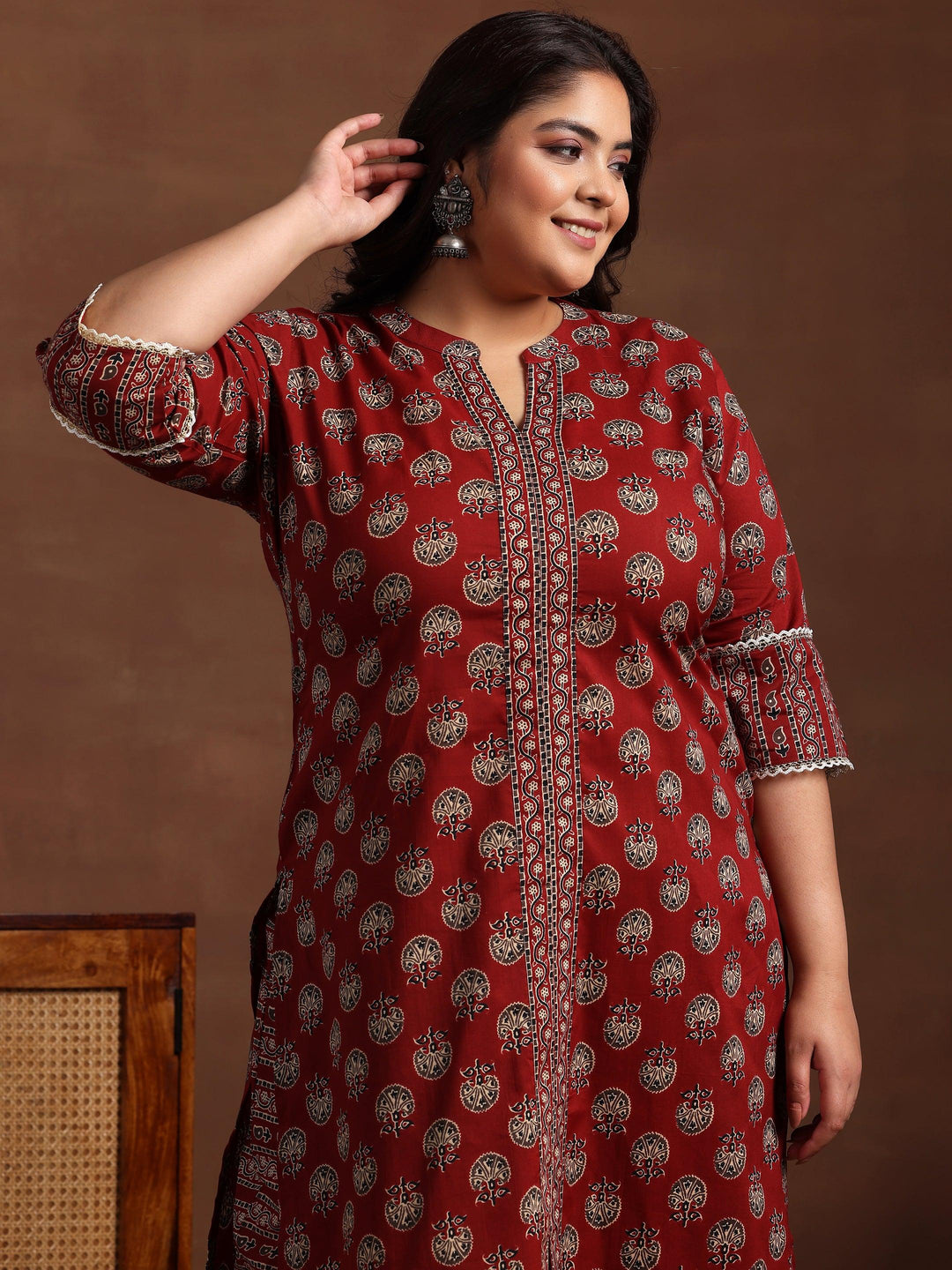 Plus Size Maroon Printed Cotton Straight Suit With Dupatta - Libas