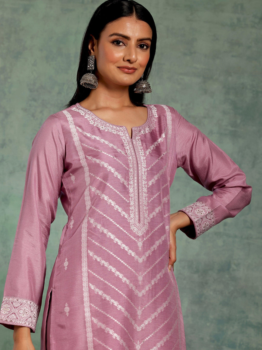 Lilac Woven Design Silk Blend Straight Suit With Dupatta - Libas