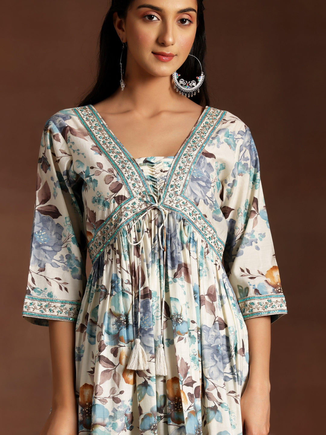 Off white Printed Silk Blend A-Line Kurta With Palazzos & Dupatta - Libas 