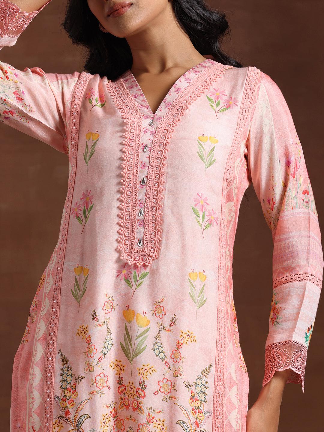 Pink Printed Silk Blend Straight Suit With Dupatta - Libas 