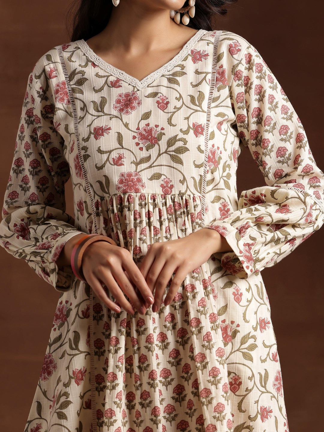 Beige Printed Cotton A-Line Dress - Libas 