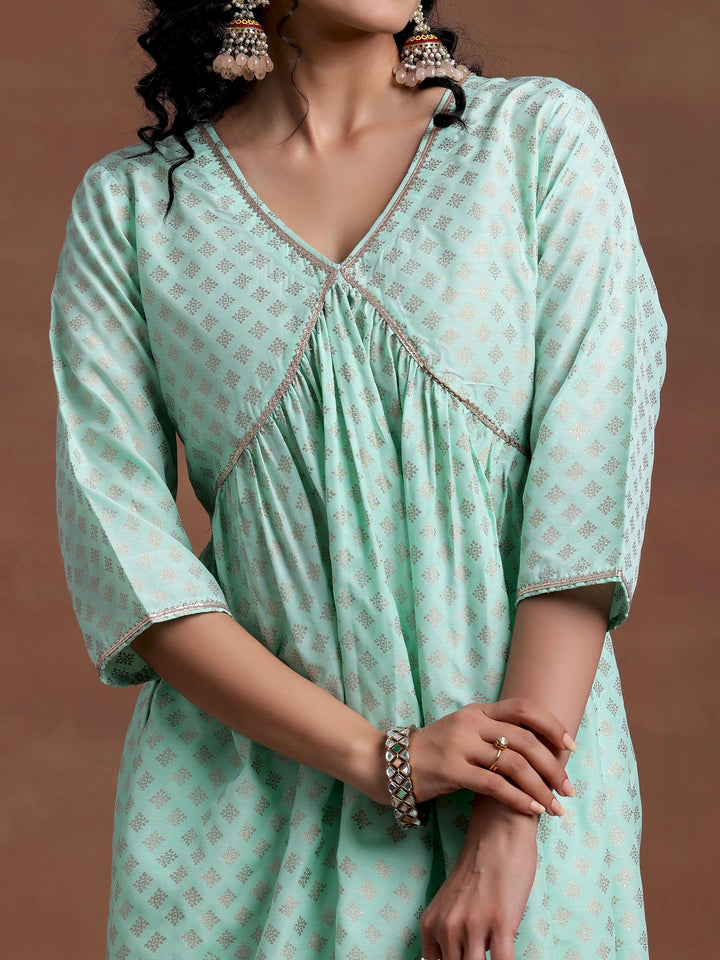 Green Woven Design Silk Blend A-Line Kurta With Trousers - Libas